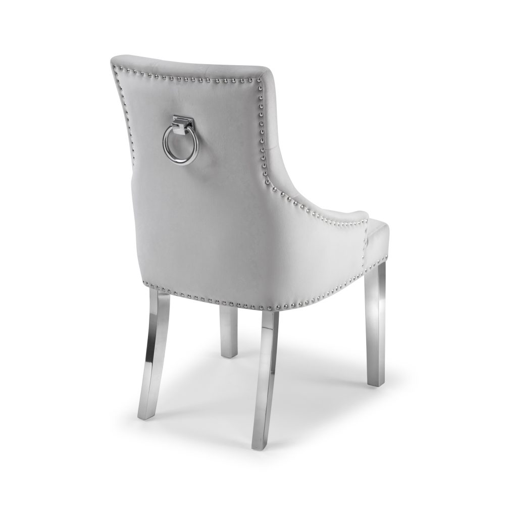 1.3m Circular Louis Polished Steel Dining Grey Marble Table Set with 4 Dove Grey Brushed Velvet Dining Chair - Image 9